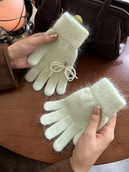 Sarah Express Women's Pearl Embellished Knit Gloves - Winter Fashion Accessory Light Green ONESIZE
