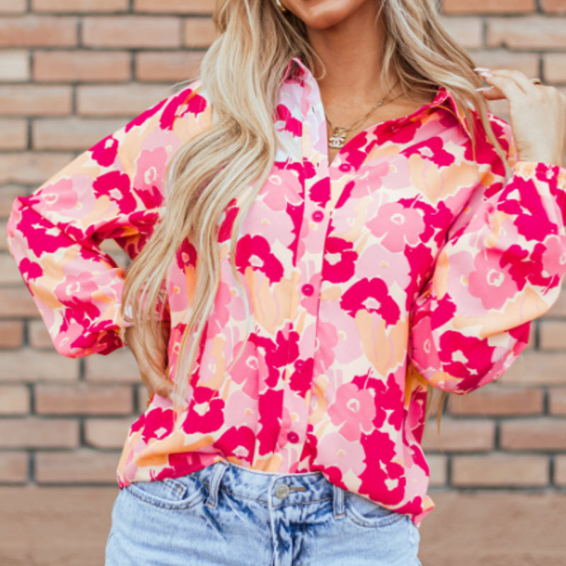 Sarah Express Women's Floral Print Puff Sleeve Button-Down Shirt Polyester Pink