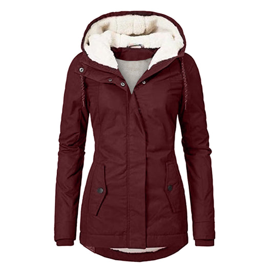 Sarah Express Women's Winter Hooded Fleece Jacket - Warm Buckle Zip-Up Coat with Pockets Wine Red
