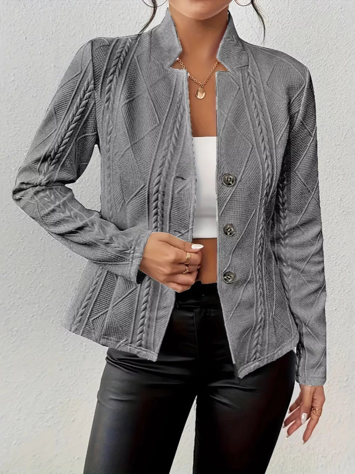 Sarah Express Women's Textured Knit Button-Front Blazer Dark Gray