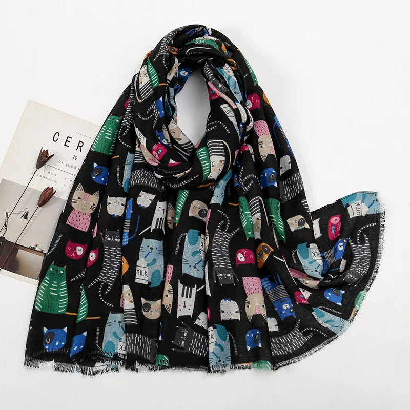 Sarah Express Women's Cat Print Lightweight Scarf Black One Size