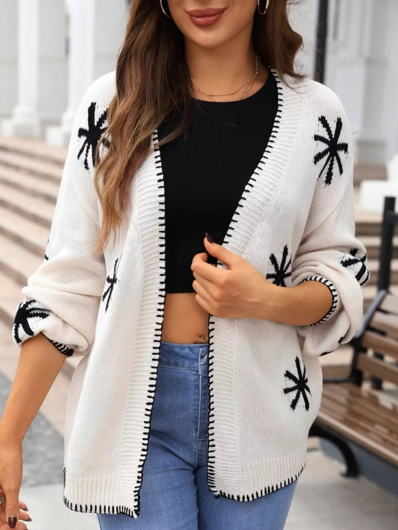 Sarah Express Women's Floral Open Front Knit Cardigan Sweater