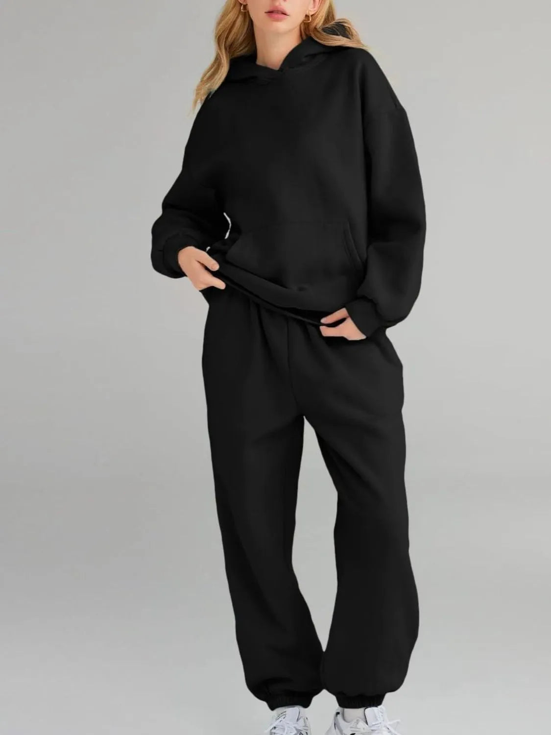 Sarah Express Women's Kangaroo Pocket Hoodie and Joggers Set Black