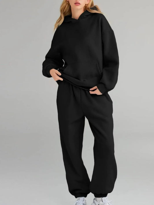 Sarah Express Women's Kangaroo Pocket Hoodie and Joggers Set Black