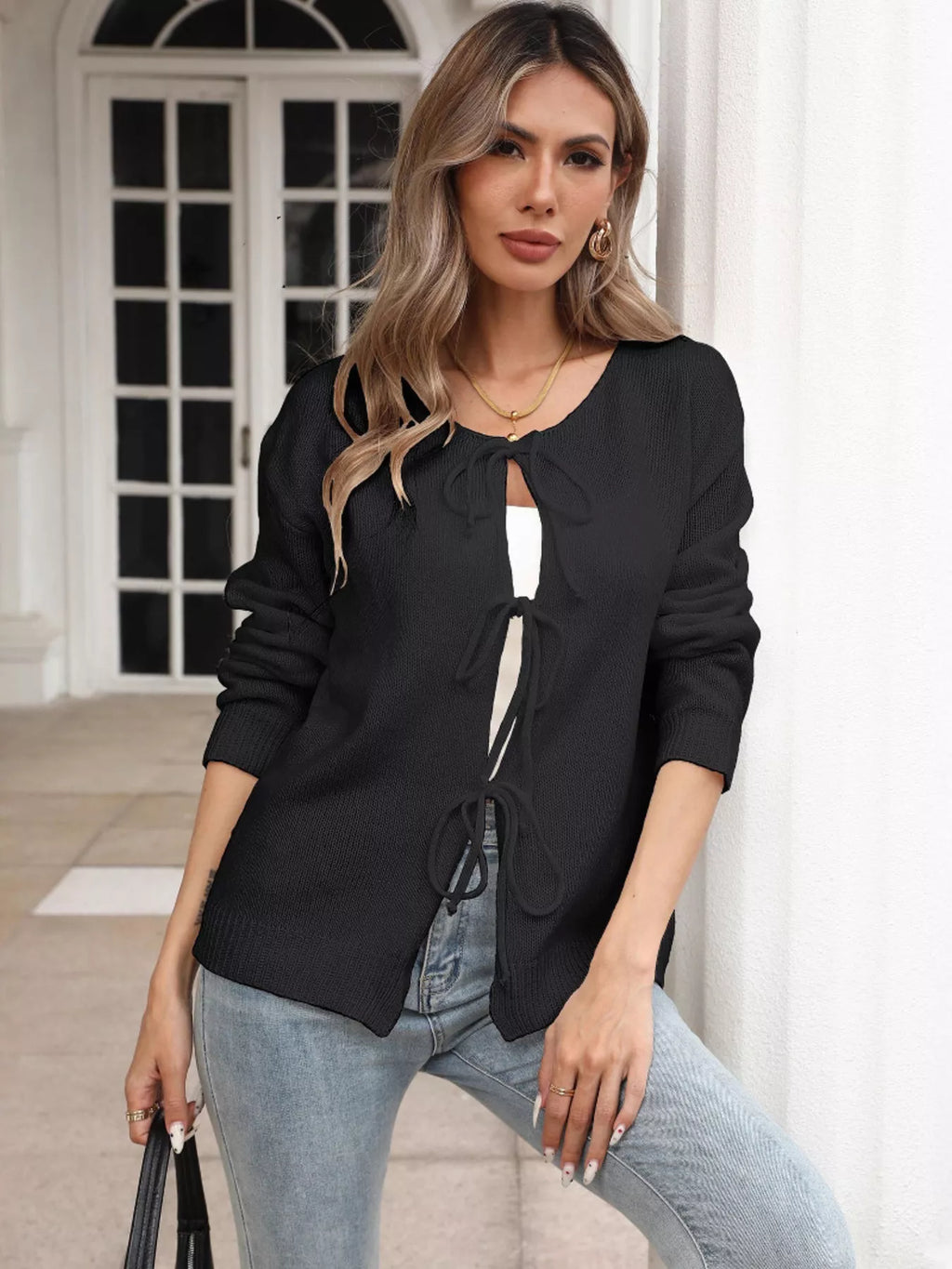 Sarah Express Women's Tie-Front Long Sleeve Cardigan - Ribbed Knit Sweater with Pockets