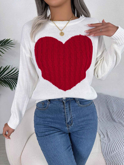 Sarah Express Women's Cable Knit Heart Pattern Pullover Sweater Long Sleeve
