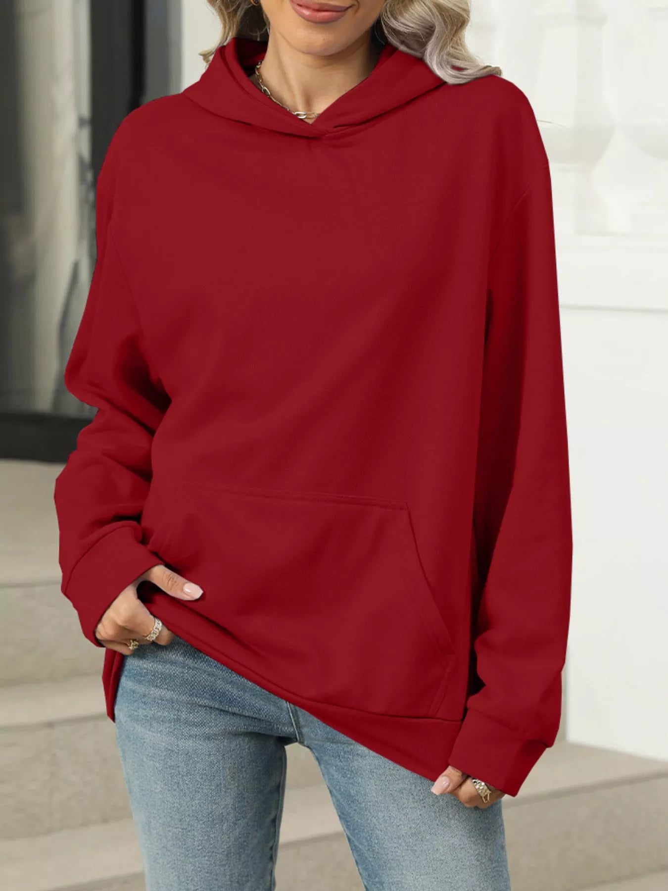 Sarah Express Women's Kangaroo Pocket Long Sleeve Hoodie Wine Red