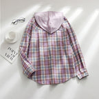 Sarah Express Women's Plaid Hooded Shirt Jacket Casual Loose Fit Pullover Top