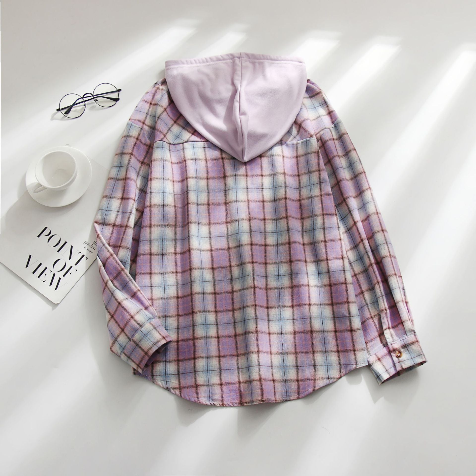 Sarah Express Women's Plaid Hooded Shirt Jacket Casual Loose Fit Pullover Top