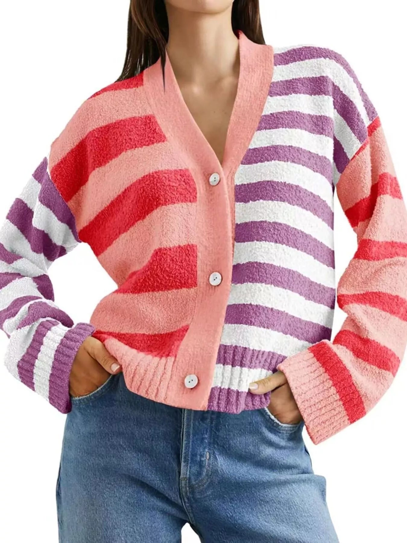 Sarah Express Women's Striped Knit Button-Down Cardigan Pink