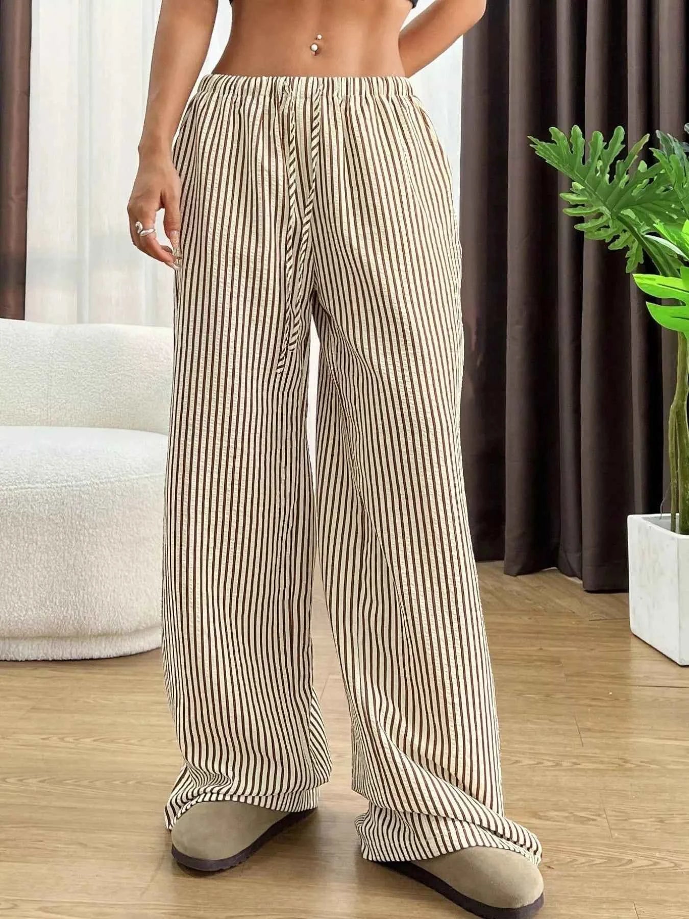 Sarah Express Women's Striped Wide Leg Pants with Drawstring Waist - Plus Size Available