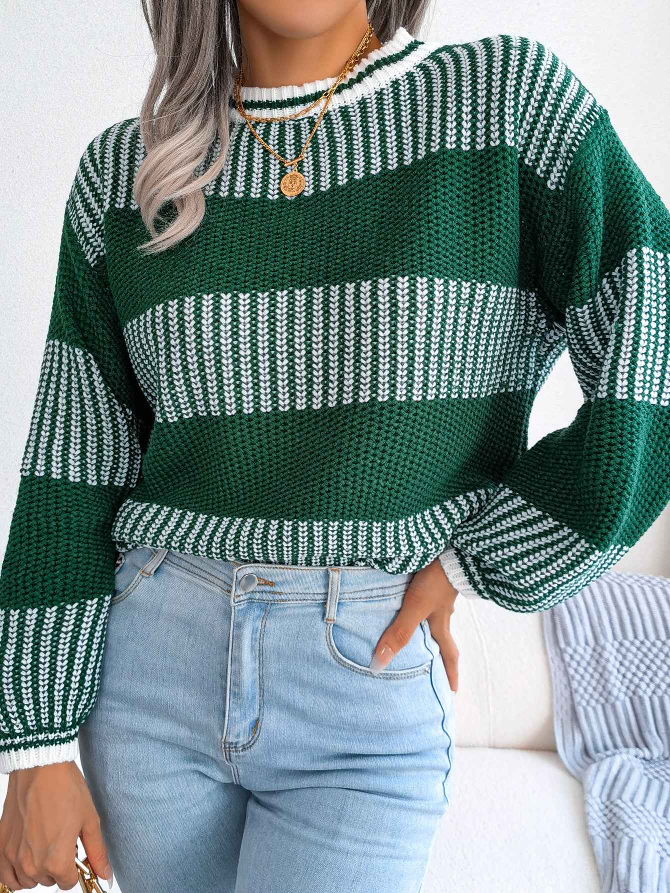 Sarah Express Women's Color Block Striped Knit Sweater - Long Sleeve Casual Pullover