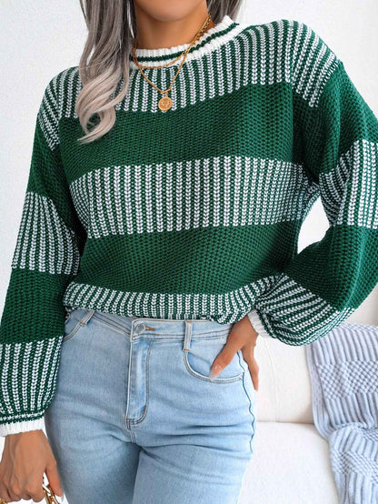 Sarah Express Women's Color Block Striped Knit Sweater - Long Sleeve Casual Pullover Green