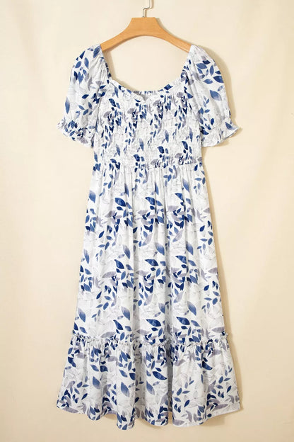 Sarah Express Women's Smocked Bodice Short Puff Sleeve Tiered Floral Midi Dress