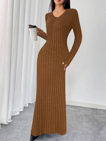 Sarah Express Women's Ribbed Knit V-Neck Maxi Dress - Button Front Long Dress