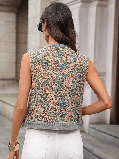 Sarah Express Women's Floral Embroidered Denim Vest Top