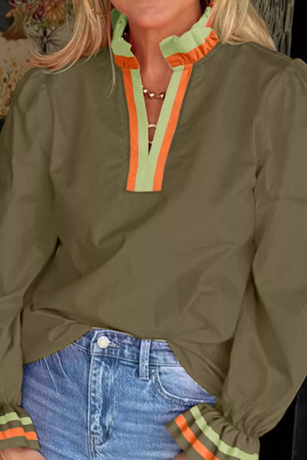 Sarah Express Women's Notched Flounce Sleeve Blouse