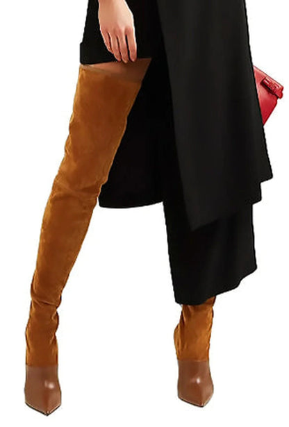 Sarah Express Women's Over-the-Knee Suede Boots - Stiletto Heel Pointed Toe Stretch Boots