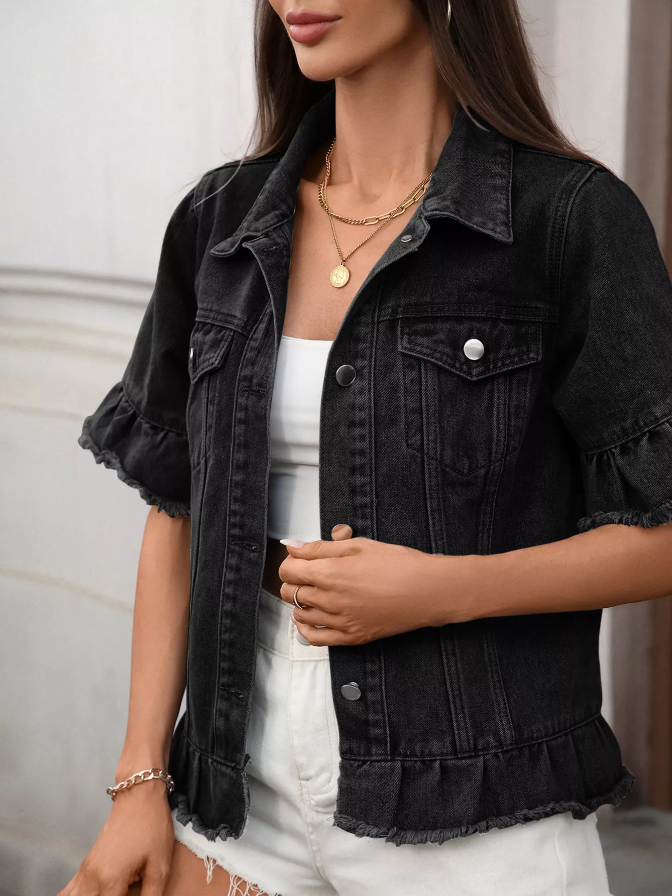 Sarah Express Women's Raw Hem Button Up Denim Jacket