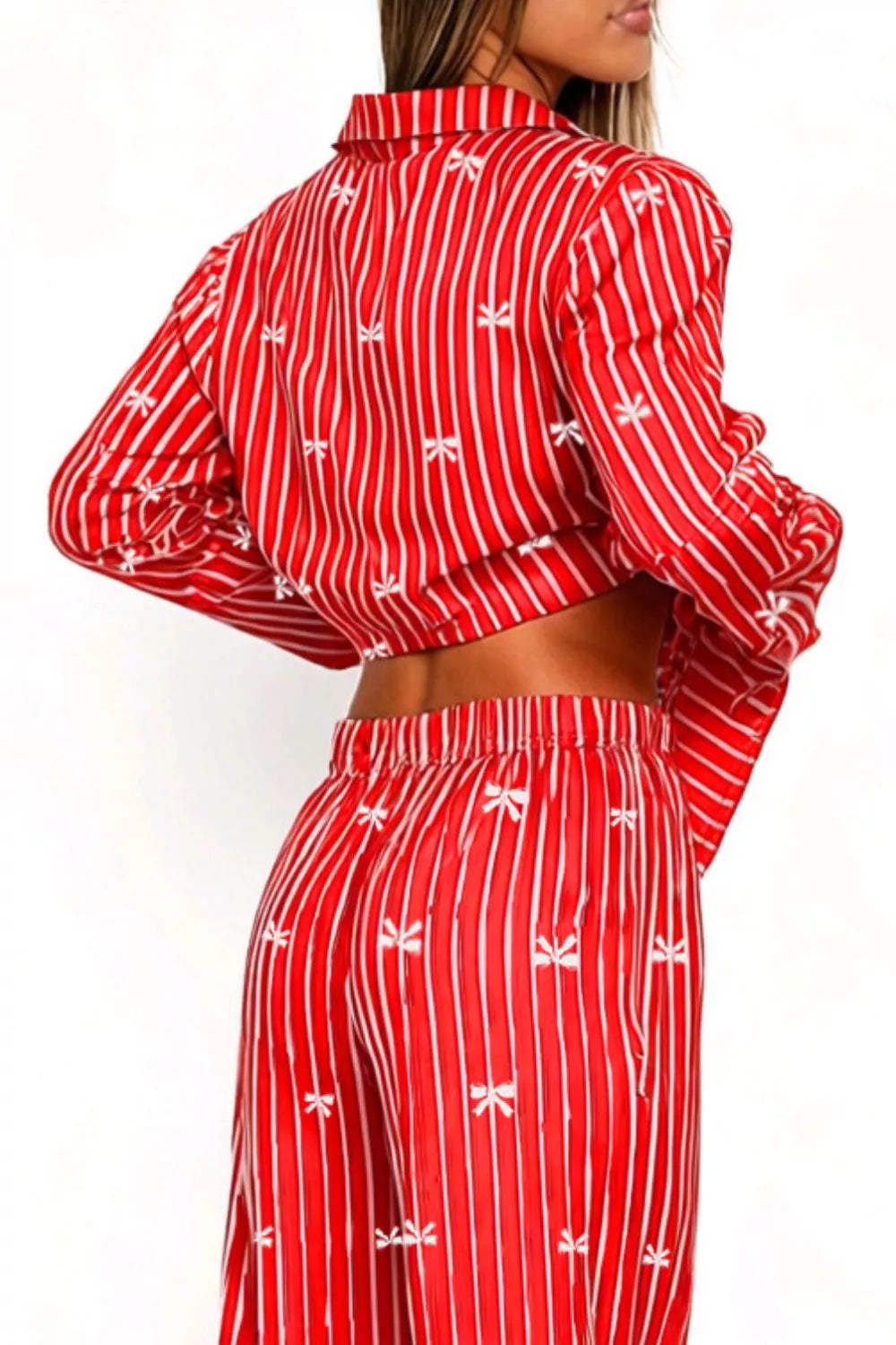 Sarah Express Women's Bow Print Lounge Set - Button-Up Top and Wide Leg Pants