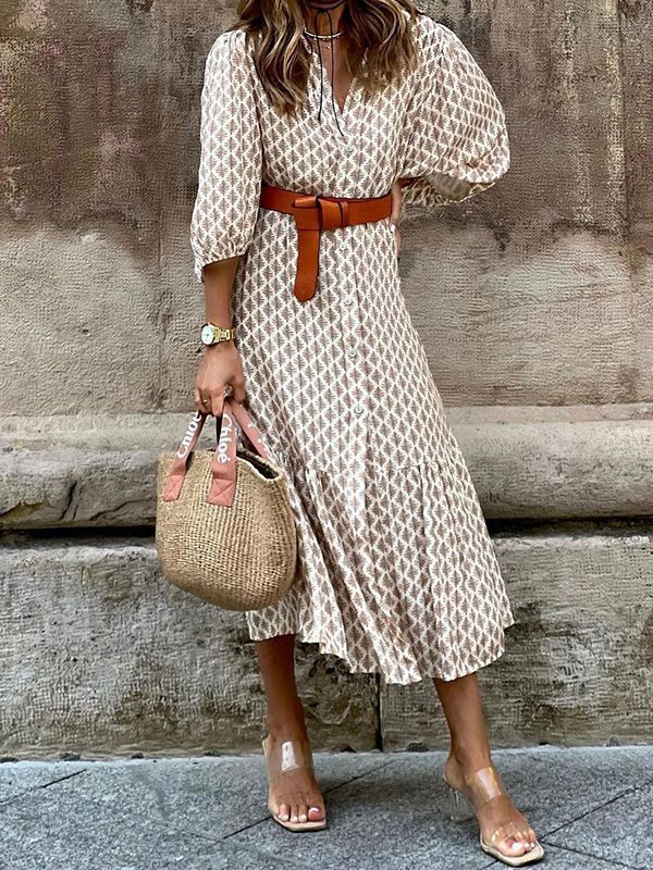 Sarah Express Floral V-Neck Puff Sleeve Maxi Dress A-Line