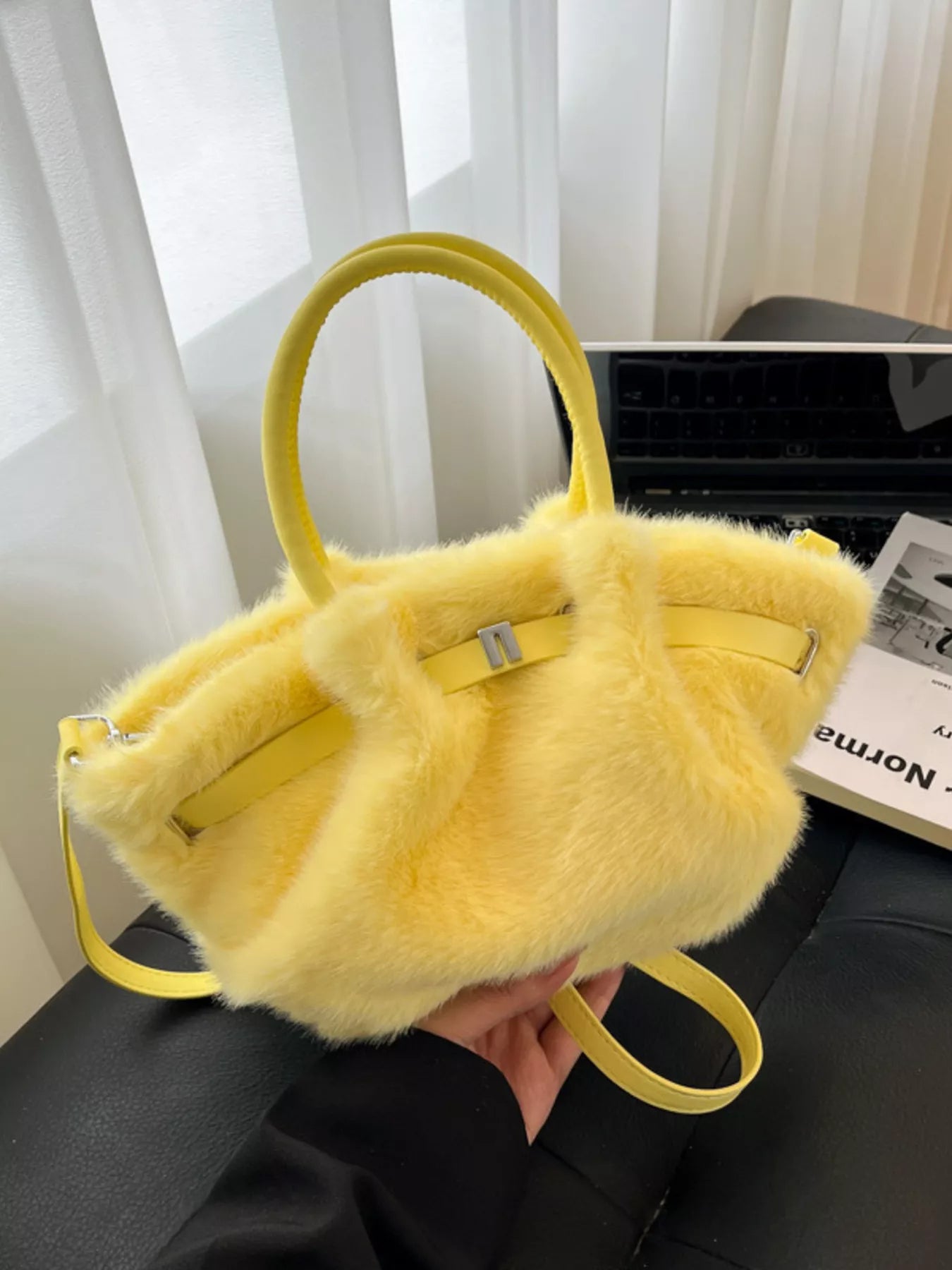 Sarah Express Women's Fluffy Crossbody Bag with Buckle Detail Yellow ONESIZE