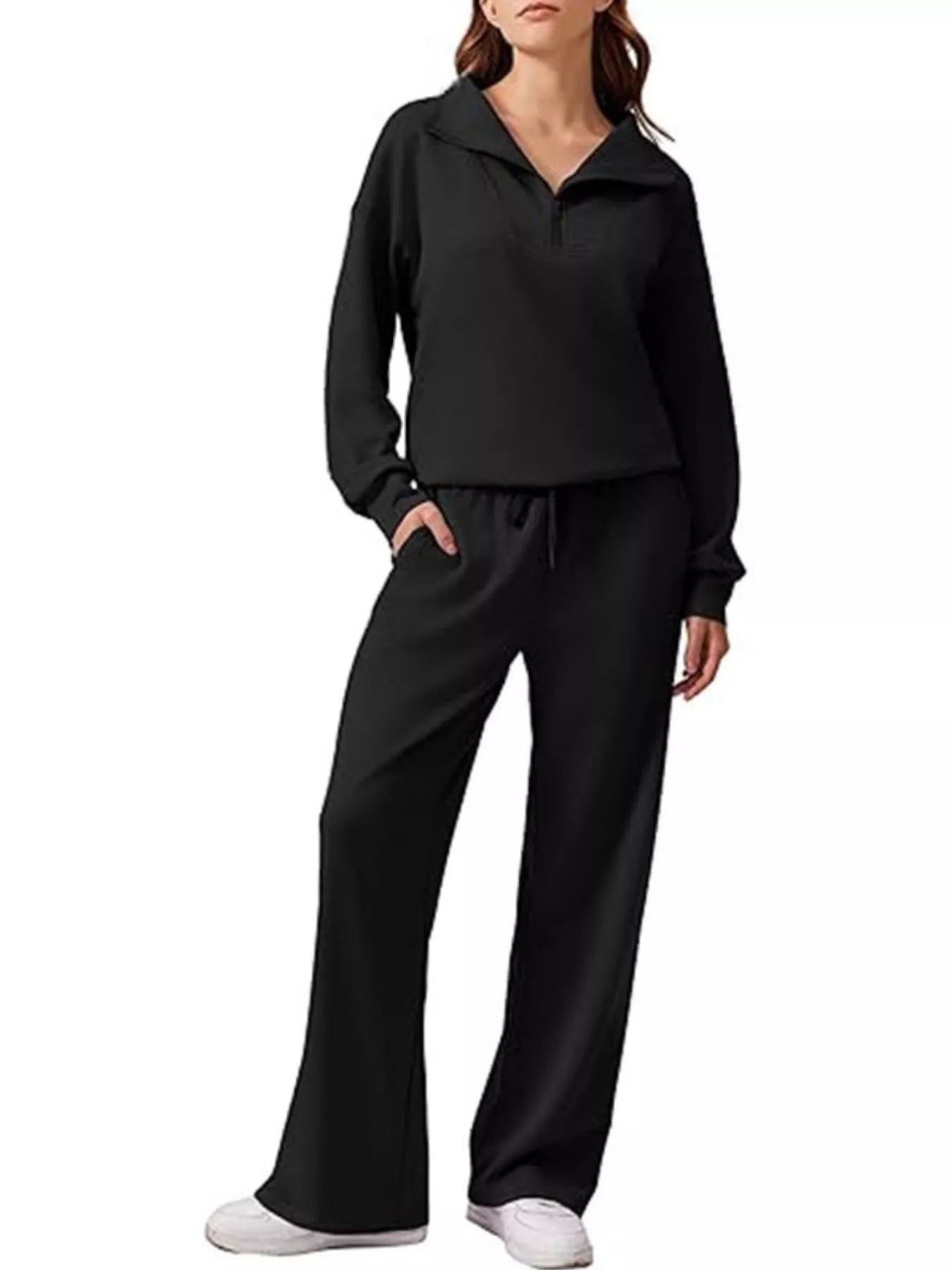 Sarah Express Women's Zip Collar Dropped Shoulder Top and Pants Set Black