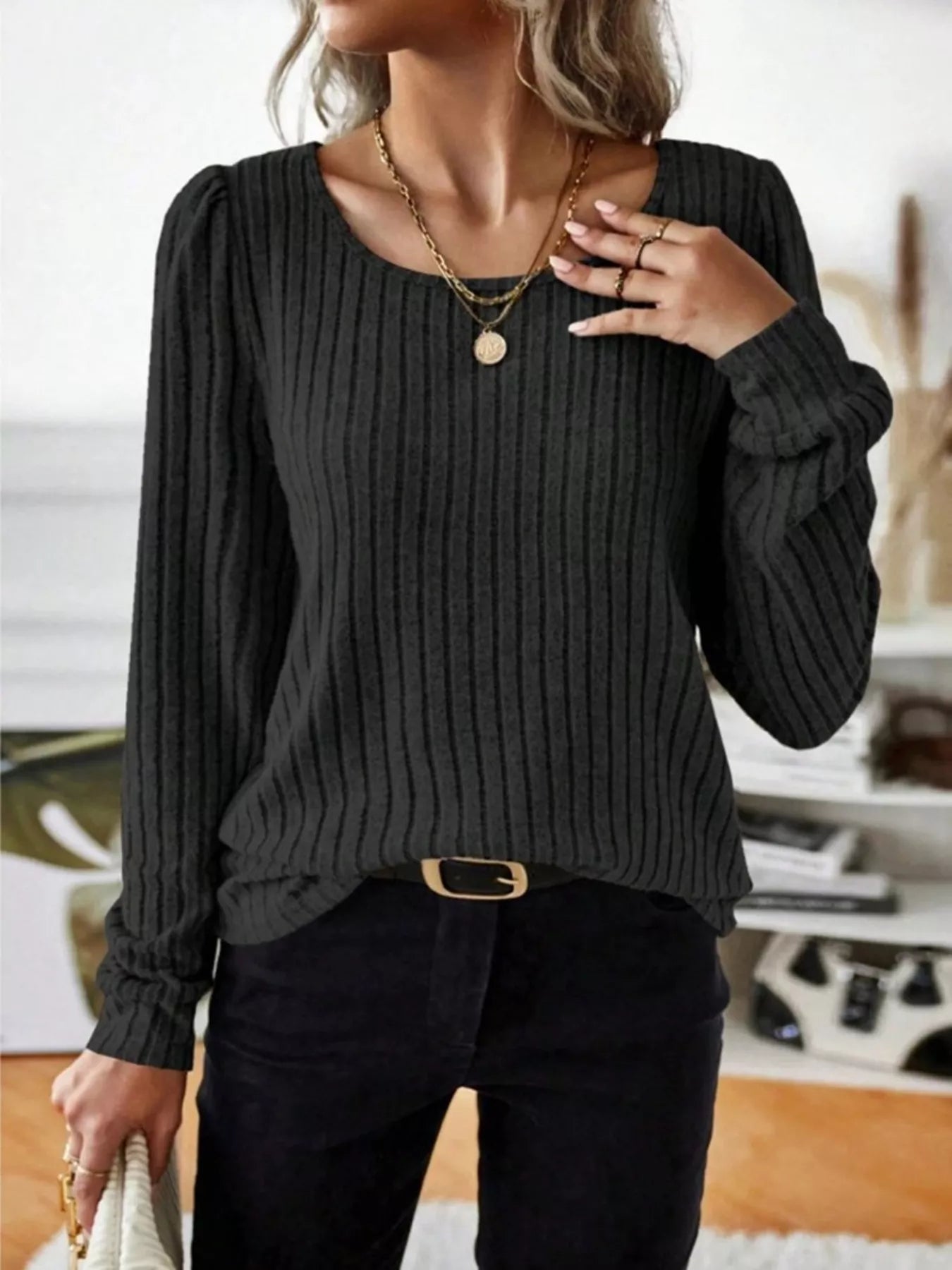 Sarah Express Women's Ribbed Knit Long Sleeve T-Shirt Black