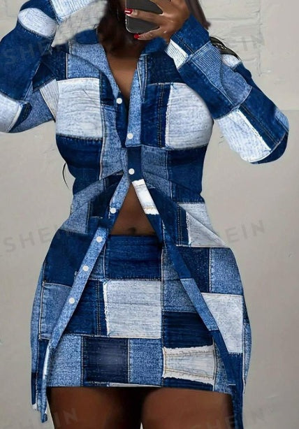 Sarah Express Color Block Printed Button Down Shirt and Skirt Two-Piece Set