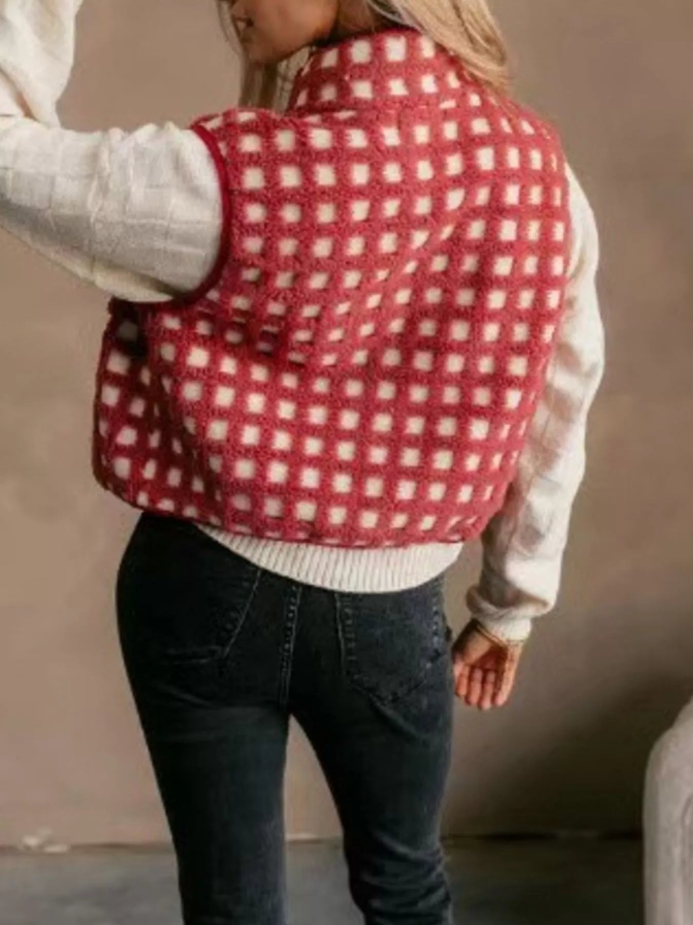 Sarah Express Women's Plaid Zip Up Vest Coat with Pockets - Sleeveless Outerwear Jacket