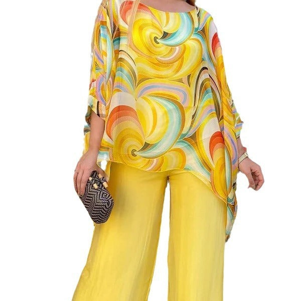 Sarah Express Printed Chiffon Two-Piece Set Round Neck 3/4 Sleeve Top Pants Suit