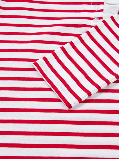 Sarah Express Women's Stripe Contrast Frilled Trim Half Button Long Sleeve Top