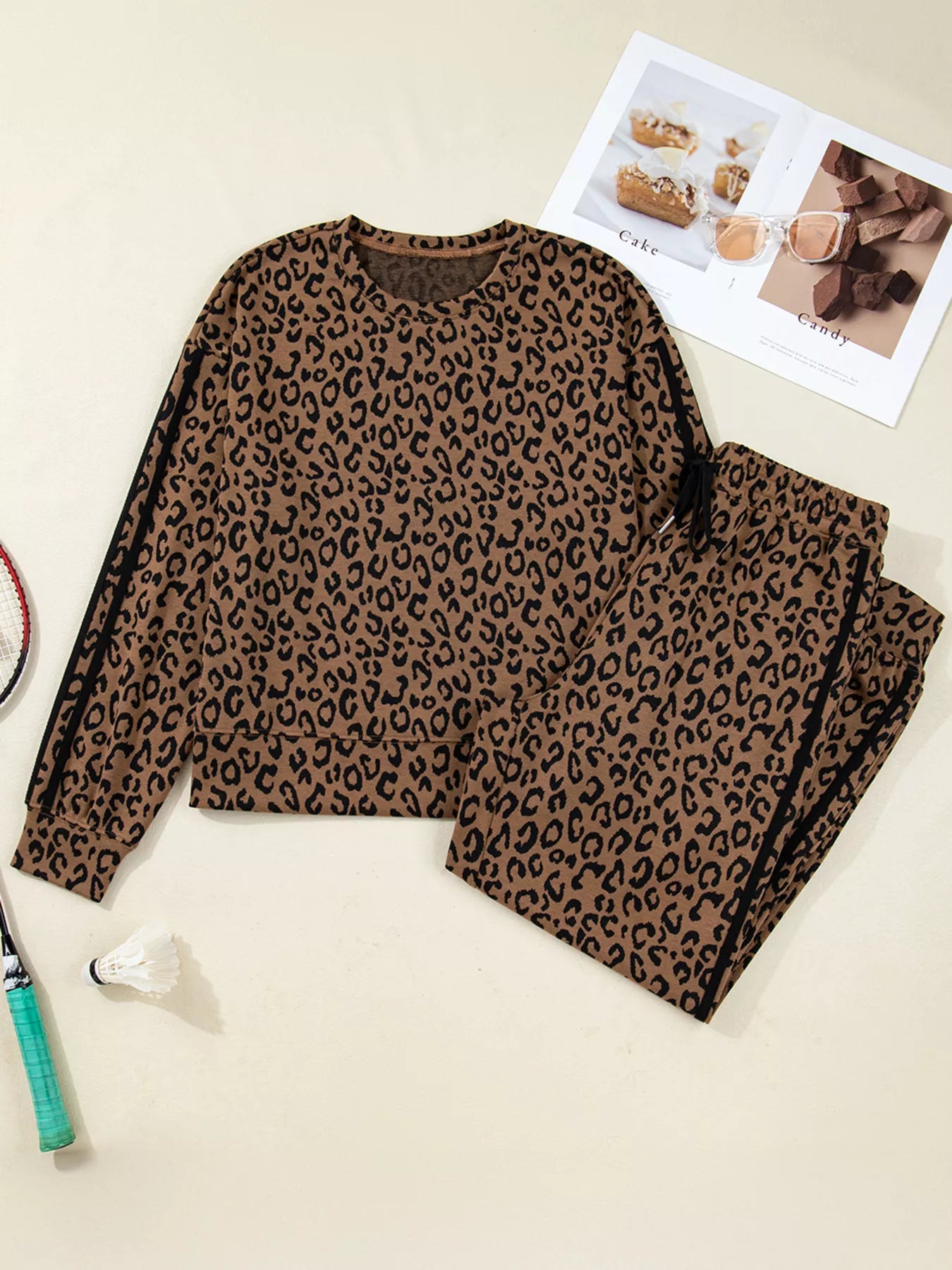 Sarah Express Women's Striped Trim Leopard Long Sleeve Top Drawstring Pant Set