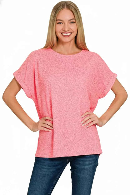 Sarah Express Women's Soft Melange Hacci Short Sleeve Round Neck Top