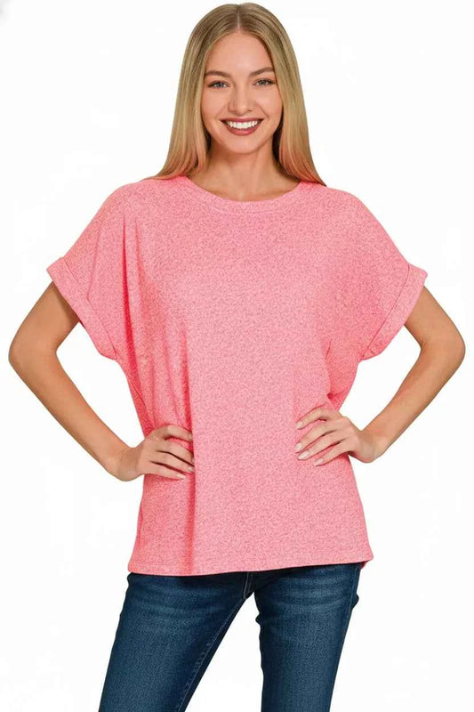 Sarah Express Women's Soft Melange Hacci Short Sleeve Round Neck Top