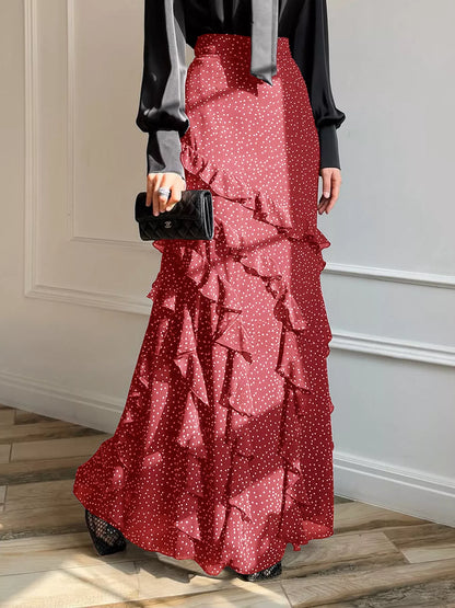 Sarah Express Women's Ruffled Polka Dot Maxi Skirt Red