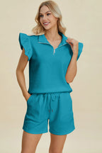 Sarah Express Women’s Plus Size Textured Flounce Sleeve Top and Shorts Set