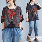 Sarah Express Women's Retro Print Round Neck T-Shirt Loose Fit Short Sleeve Cotton Blend Top