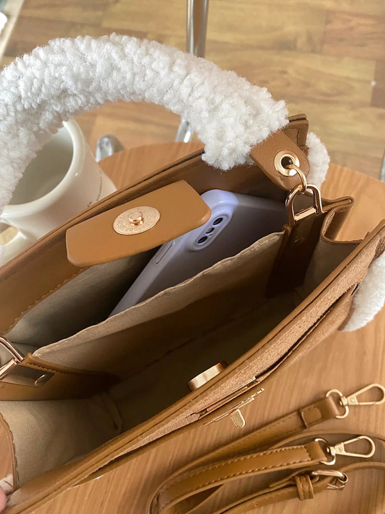 Sarah Express Women's Sherpa Trim Suede Crossbody Bag