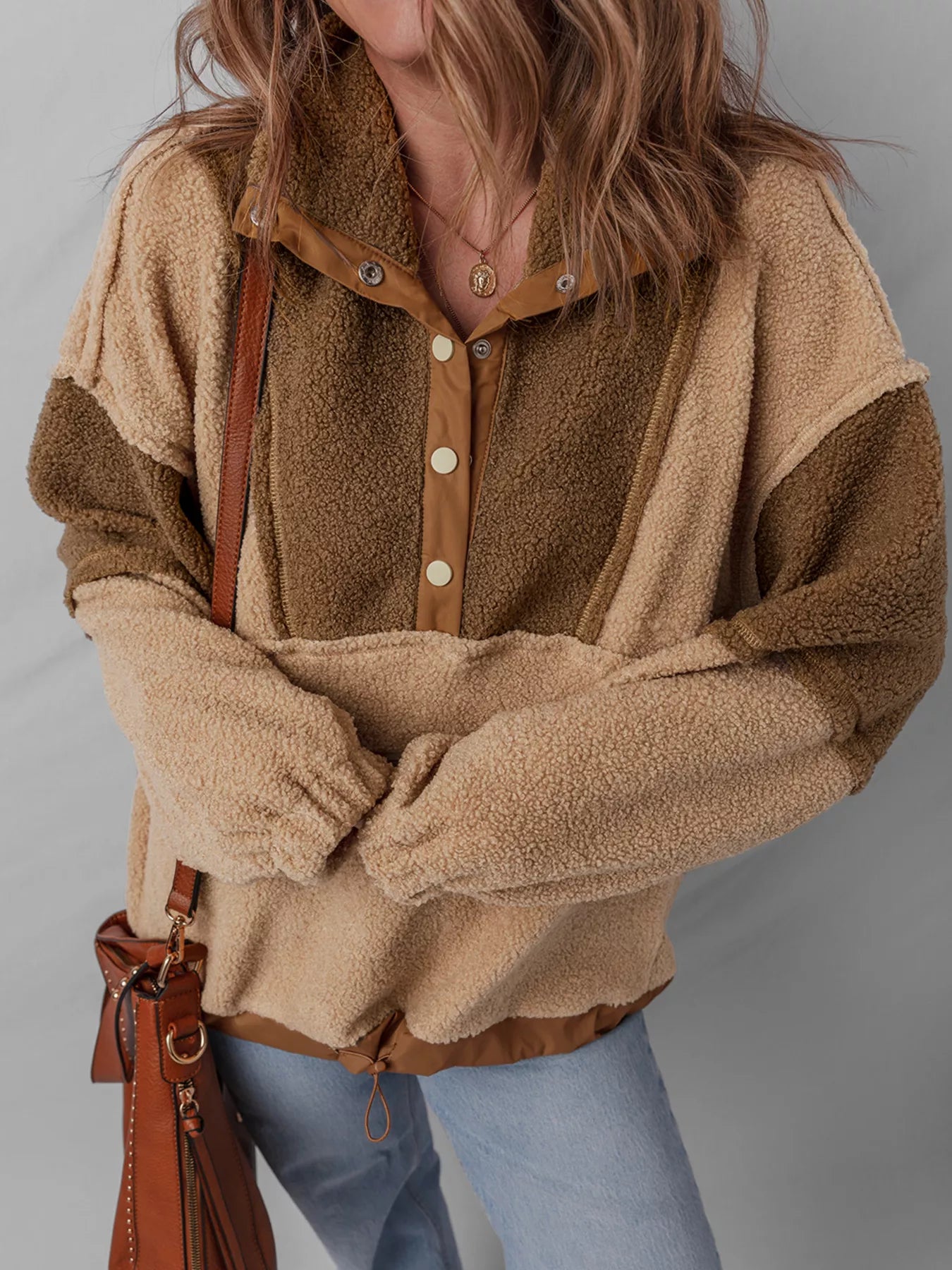 Sarah Express Women's Color Block Patchwork Half Button Sherpa Sweatshirt Camel