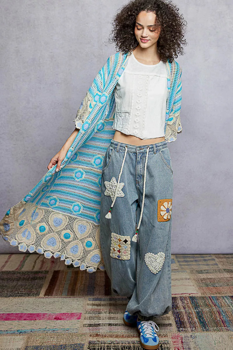 Sarah Express Women's Striped and Floral Pattern Crochet Longline Cardigan SKY MULTI One Size