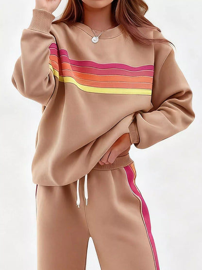 Sarah Express Women's Striped Round Neck Sweatshirt and Pants Lounge Set