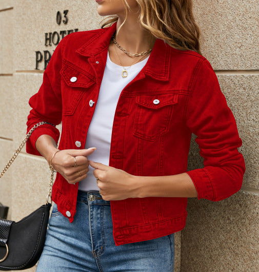 Sarah Express Women's Denim Jacket Slim Fit Lapel Long Sleeve Cotton Fall Spring Casual Work Outerwear