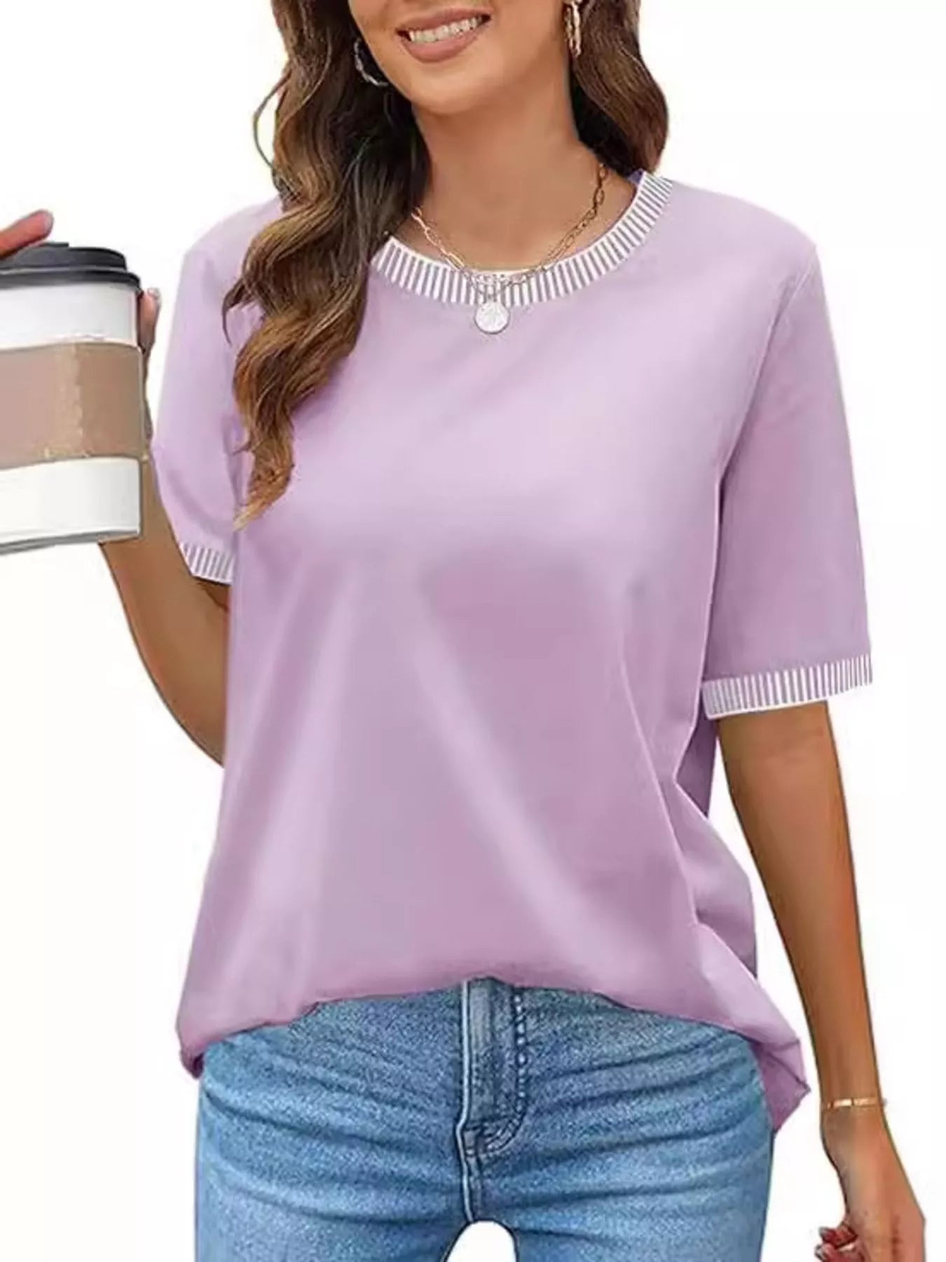 Sarah Express Women's Striped Trim Casual T-Shirt - Relaxed Fit Short Sleeve Top Light Purple