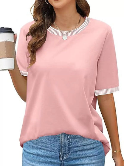 Sarah Express Women's Striped Trim Casual T-Shirt - Relaxed Fit Short Sleeve Top Pink