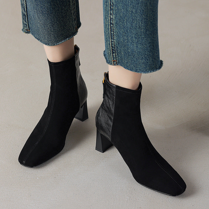 Sarah Express Women's Square Toe Chunky Heel Ankle Boots – Sheepskin Leather Patchwork