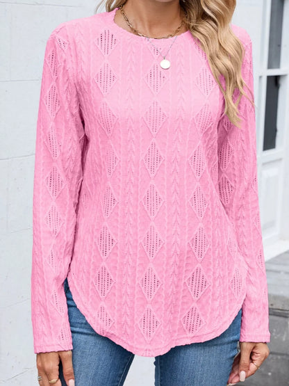 Sarah Express Women's Diamond Pattern Openwork Knit Long Sleeve Top Pink