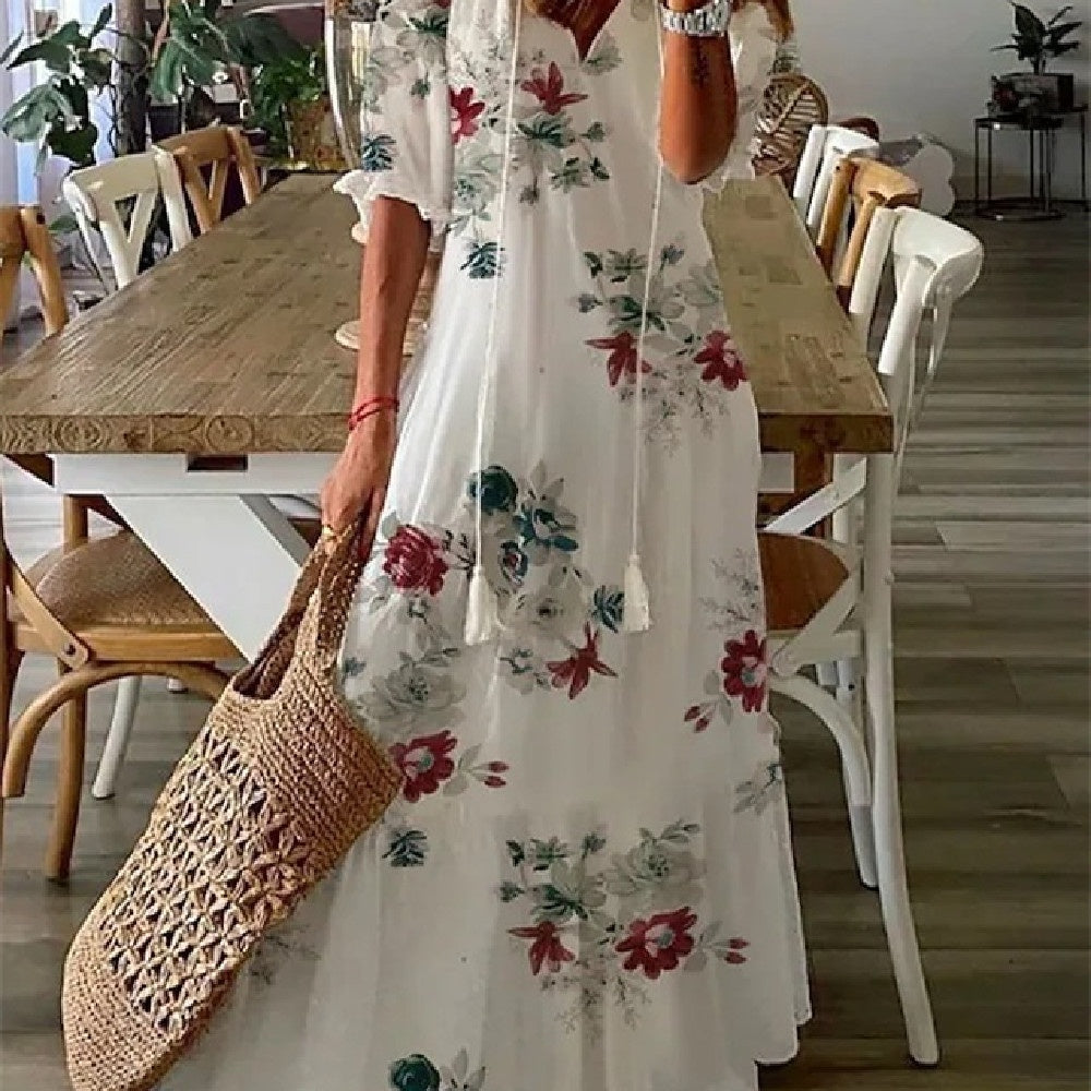 Sarah Express Women's Floral Print V-Neck Maxi Dress Short Sleeve A-Line Pullover