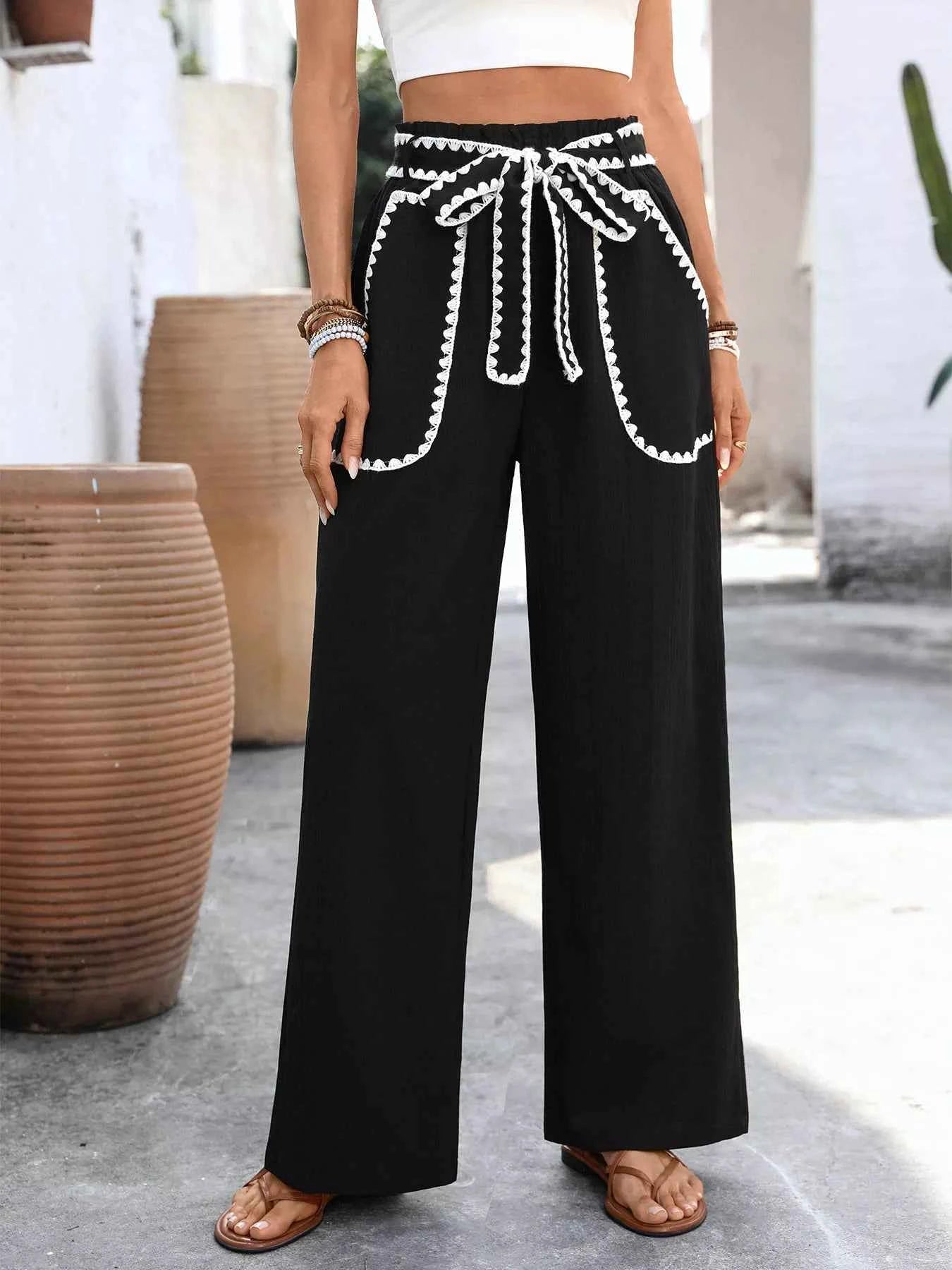 Sarah Express Women's Crochet Trim Wide Leg Pants - Tie Waist High Rise Palazzo Trousers