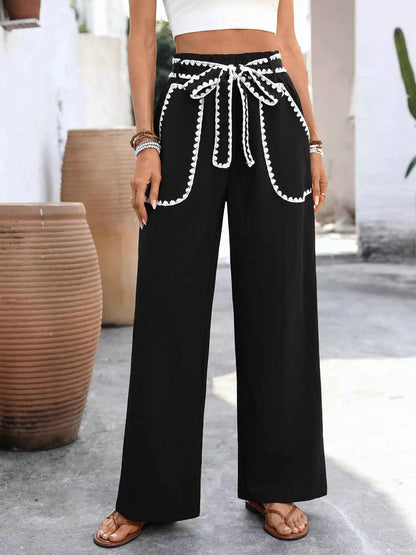 Sarah Express Women's Crochet Trim Wide Leg Pants - Tie Waist High Rise Palazzo Trousers